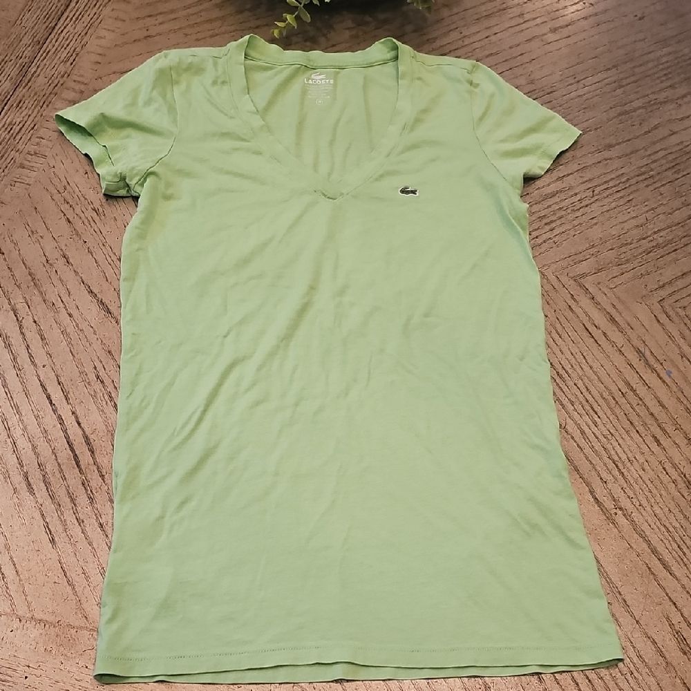 Lacoste Women's Light Green V-Neck Tee Size 38